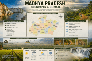 Geography and climate of Madhya Pradesh featuring the Vindhya and Satpura ranges, Narmada River, forests, national parks, and seasonal climate.