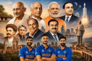 Famous personalities of Gujarat featuring Mahatma Gandhi, Sardar Vallabhbhai Patel, Narendra Modi, Vikram Sarabhai, Dhirubhai Ambani, Gautam Adani, and leading sportspersons.