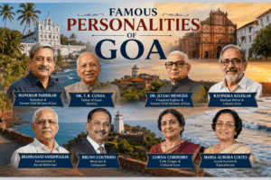 Famous personalities of Goa featuring Manohar Parrikar, Dr. T. B. Cunha, Dr. Juliao Menezes, Ravindra Kelekar, Brahmanand Sankhwalkar, Bruno Coutinho, Lorna Cordeiro, and Maria Aurora Couto.