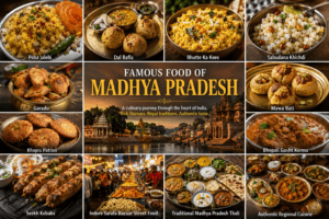 Famous food of Madhya Pradesh featuring Poha Jalebi, Dal Bafla, Bhutte Ka Kees, Sabudana Khichdi, Garadu, Mawa Bati, and Indore street food.