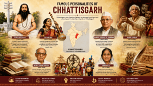 Famous personalities of Chhattisgarh featuring Guru Ghasidas, Teejan Bai, Pandit Sundarlal Sharma, Habib Tanvir, Mukut Dhar Pandey, and Minimata.