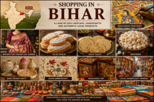 Shopping in Bihar featuring Madhubani paintings, Bhagalpuri Silk, Silao Khaja, Makhana, handicrafts, and India map with Bihar highlighted.