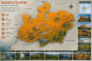 Madhya Pradesh highlighted on the political map of India showing Bhopal, neighbouring states, major cities, rivers, mountain ranges, and famous tourist attractions.