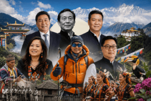Infographic featuring famous personalities of Arunachal Pradesh including Pema Khandu, Mamang Dai, Anshu Jamsenpa, and Kiren Rijiju.