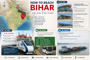 How to reach Bihar featuring Patna Airport, Gaya Airport, Patna Junction, highways, National Waterway-1, and India map with Bihar highlighted.