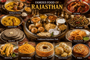 Famous food of Rajasthan featuring Dal Baati Churma, Laal Maas, Gatte Ki Sabzi, Ker Sangri, Pyaaz Kachori, Ghewar, and traditional Rajasthani cuisine.