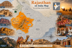 Rajasthan highlighted on the political map of India showing Jaipur, neighbouring states, Thar Desert, Aravalli Range, major cities, and famous tourist attractions.