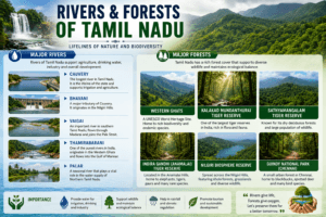 Major rivers, dams, forests, and tiger reserves of Tamil Nadu including Kaveri River, Mettur Dam, Mudumalai Tiger Reserve, Anamalai Tiger Reserve, and Western Ghats.