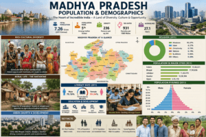 Population and demographics of Madhya Pradesh featuring tribal communities, urban cities, literacy, population statistics, and cultural diversity.