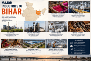 Major industries of Bihar featuring food processing, Bhagalpuri Silk, sugar mills, dairy, ethanol plants, and India map with Bihar highlighted.