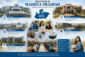Education in Madhya Pradesh featuring IIT Indore, IIM Indore, AIIMS Bhopal, IIITM Gwalior, NLIU Bhopal, universities, students, and research institutions.