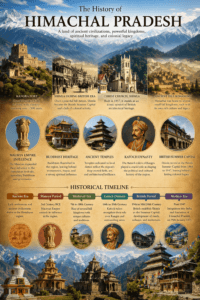 History of Himachal Pradesh featuring Kangra Fort, British-era Shimla, Christ Church, ancient hill kingdoms, Buddhist monasteries, and colonial heritage.