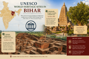 UNESCO World Heritage Sites in Bihar featuring Mahabodhi Temple Bodh Gaya, Nalanda Mahavihara, and India map with Bihar highlighted.