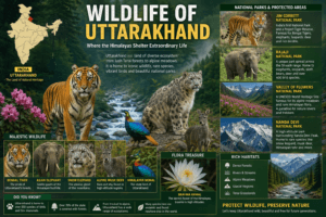 Wildlife of Uttarakhand featuring Jim Corbett National Park, Rajaji National Park, Bengal tiger, Asian elephant, snow leopard, Himalayan monal, and India map with Uttarakhand highlighted.