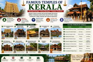 Famous temples of Kerala featuring Sree Padmanabhaswamy Temple, Guruvayur Temple, Sabarimala Temple, Vadakkunnathan Temple, Chottanikkara Temple, and Kerala temple architecture.