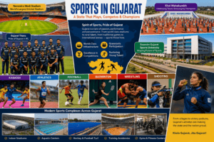 Sports in Gujarat featuring Narendra Modi Stadium, Gujarat Titans, Khel Mahakumbh, Swarnim Gujarat Sports University, cricket, kabaddi, athletics, and badminton.