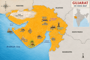 Political map of India highlighting Gujarat with Gandhinagar, Ahmedabad, Surat, Rann of Kutch, Gir National Park, Somnath, Dwarka, Statue of Unity, and neighbouring states.