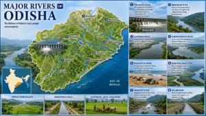 Major rivers of Odisha featuring Mahanadi, Hirakud Dam, Brahmani, Baitarani, Subarnarekha, Rushikulya, and India map highlighting Odisha.