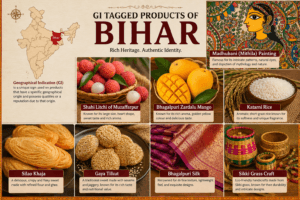 GI Tagged Products of Bihar featuring Madhubani Painting, Shahi Litchi, Bhagalpuri Zardalu Mango, Silao Khaja, Bhagalpuri Silk, and India map with Bihar highlighted.