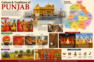 Culture and traditions of Punjab featuring Bhangra, Gidda, Golden Temple, Langar, Phulkari embroidery, Punjabi turban, Dhol, and colourful festivals.