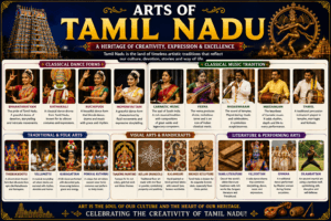 Arts of Tamil Nadu featuring Bharatanatyam dance, Carnatic music, Thanjavur paintings, bronze sculptures, Kanchipuram silk weaving, Kolam art, and traditional temple architecture.