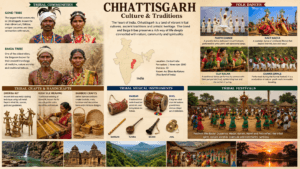 Culture and traditions of Chhattisgarh featuring Gond tribes, Panthi Dance, Raut Nacha, Dhokra crafts, Kosa silk, bamboo handicrafts, and tribal festivals.