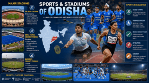 Sports and stadiums of Odisha featuring Kalinga Stadium, Birsa Munda Hockey Stadium, Barabati Stadium, hockey, athletics, cricket, Dutee Chand, and Pramod Bhagat.