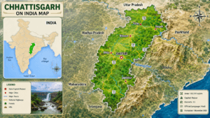 India map highlighting Chhattisgarh with neighbouring states, Raipur capital, major cities, and geographical location.