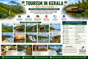 Tourism in Kerala featuring Munnar tea gardens, Alleppey backwaters, houseboats, Kovalam Beach, Athirappilly Waterfalls, Fort Kochi, Kathakali, and Periyar National Park.
