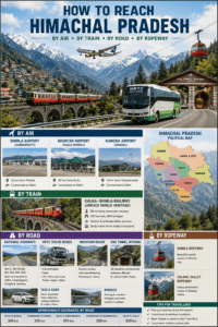 How to reach Himachal Pradesh featuring Shimla Airport, Bhuntar Airport, Kangra Airport, Kalka-Shimla Railway, HRTC buses, mountain highways, and Atal Tunnel.