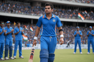 Young Virat Kohli walking onto the field in India's blue jersey during his international cricket debut.