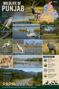 Wildlife of Punjab infographic featuring Blackbuck, Northern Goshawk (Baaz), Harike Wetland (Ramsar Site), Abohar Wildlife Sanctuary, Bar-headed Goose, Painted Stork, Sarus Crane, Nilgai, Indian Jackal, migratory birds, Shivalik forests, rivers, wetlands, and the political map of Punjab in an ultra-realistic 4K educational wildlife documentary style.