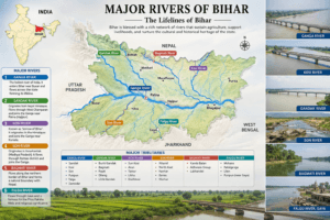 Major rivers of Bihar featuring the Ganga, Kosi, Gandak, Son, Bagmati, Falgu, and India map with Bihar highlighted.