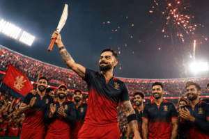 Virat Kohli celebrating with Royal Challengers Bengaluru teammates after an IPL victory.