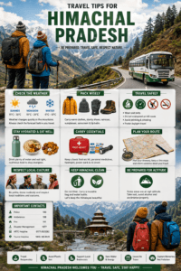 Travel tips for Himachal Pradesh featuring trekking gear, warm clothing, mountain roads, HRTC buses, weather icons, safety equipment, and Himalayan landscapes.