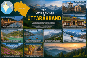 Top tourist places in Uttarakhand featuring Kedarnath, Badrinath, Haridwar, Rishikesh, Nainital, Mussoorie, Auli, Valley of Flowers, and India map with Uttarakhand highlighted.