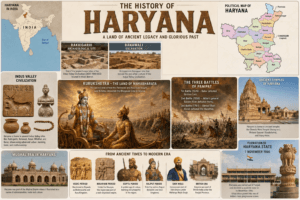 History of Haryana featuring Rakhigarhi, Indus Valley Civilization, Kurukshetra, Bhagavad Gita, Panipat battles, and India map with Haryana highlighted.