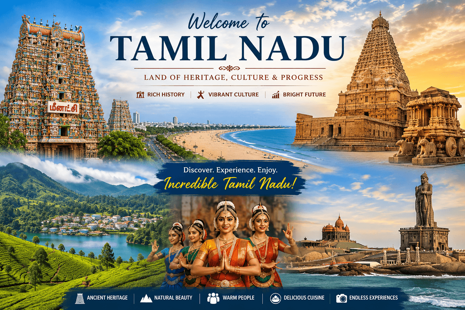 Tamil Nadu Complete State Guide hero image featuring Marina Beach, Meenakshi Amman Temple, Brihadeeswarar Temple, Tamil culture, and scenic landscapes.