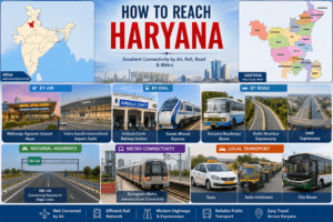How to reach Haryana featuring India map, Haryana political map, airports, railway stations, highways, Haryana Roadways buses, and Gurugram Metro.