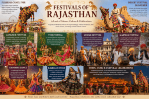 Festivals of Rajasthan featuring Pushkar Camel Fair, Desert Festival, Gangaur, Teej, Ghoomar dance, and colourful cultural celebrations.