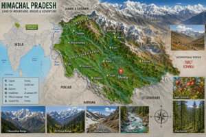 Himachal Pradesh highlighted on the political map of India showing Shimla, neighbouring states, major cities, Himalayan mountain ranges, rivers, and famous tourist attractions.