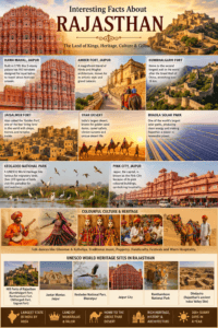 Interesting facts about Rajasthan featuring Hawa Mahal, Kumbhalgarh Fort, Thar Desert, Jaipur Pink City, Bhadla Solar Park, and UNESCO World Heritage Sites.