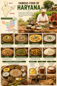 Famous food of Haryana featuring India map, Haryana political map, Bajra Khichdi, Kadhi Pakora, Churma, Lassi, Bathua Raita, and traditional Haryanvi thali.