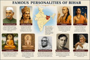 Famous personalities of Bihar featuring Dr. Rajendra Prasad, Emperor Ashoka, Chanakya, Aryabhata, Lord Buddha, and India map with Bihar highlighted.