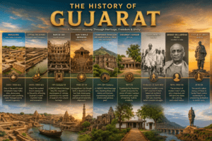 History of Gujarat featuring Dholavira, Lothal, Rani ki Vav, Sun Temple Modhera, Sabarmati Ashram, Mahatma Gandhi, Sardar Vallabhbhai Patel, and the Statue of Unity.