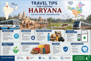Travel tips for Haryana featuring India map, Haryana political map, tourists, travel essentials, Haryana Roadways, Gurugram Metro, eco-friendly travel, and shopping.