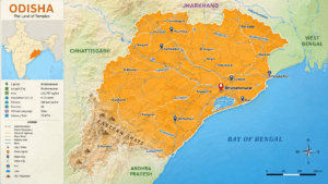 Political map of India highlighting Odisha with neighbouring states, Bay of Bengal coastline, Bhubaneswar, and major geographical features.