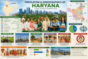 Population and demographics of Haryana featuring India map, Haryana political map, Gurugram skyline, Haryanvi families, literacy, population statistics, and cultural diversity.
