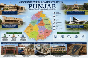 Government and administration of Punjab featuring Punjab Vidhan Sabha, Punjab Civil Secretariat, Punjab and Haryana High Court, Chandigarh Capitol Complex, and district administration.