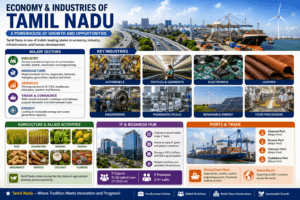Economy and industries of Tamil Nadu featuring Chennai IT parks, automobile manufacturing, textile industry, Tiruppur garment exports, wind energy, ports, and industrial development.